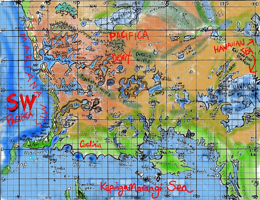 Sketchmap of western Pacifica and the Mariana Mts on Abyssia, an alternate Earth whose relief has been inverted: heights are depths and vice versa. Click to enlarge.