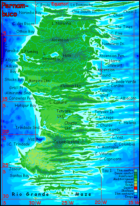 Map of the rainforested continent of Pernambuco, the equivalent of Earth's Pernambuco Abyssal Plain, on Abyssia, an Earth where up is down and down is up.