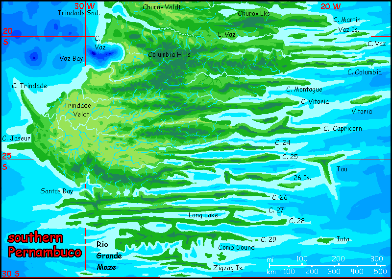 Map of the savannas and fracture zones of southern Pernambuco, the equivalent of Earth's Pernambuco Abyssal Plain, on Abyssia, an Earth where up is down and down is up.