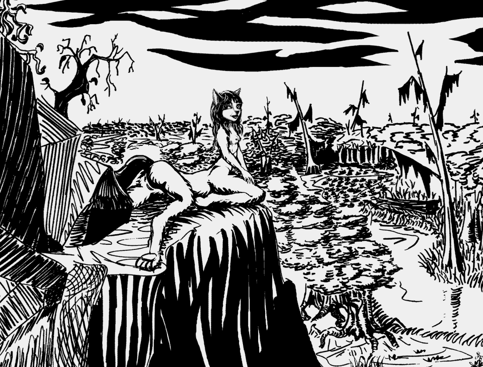Leptaur overlooking swamp on Abyssia, an Earth where up is down and down is up. Ink sketch by Wayan. Click to enlarge