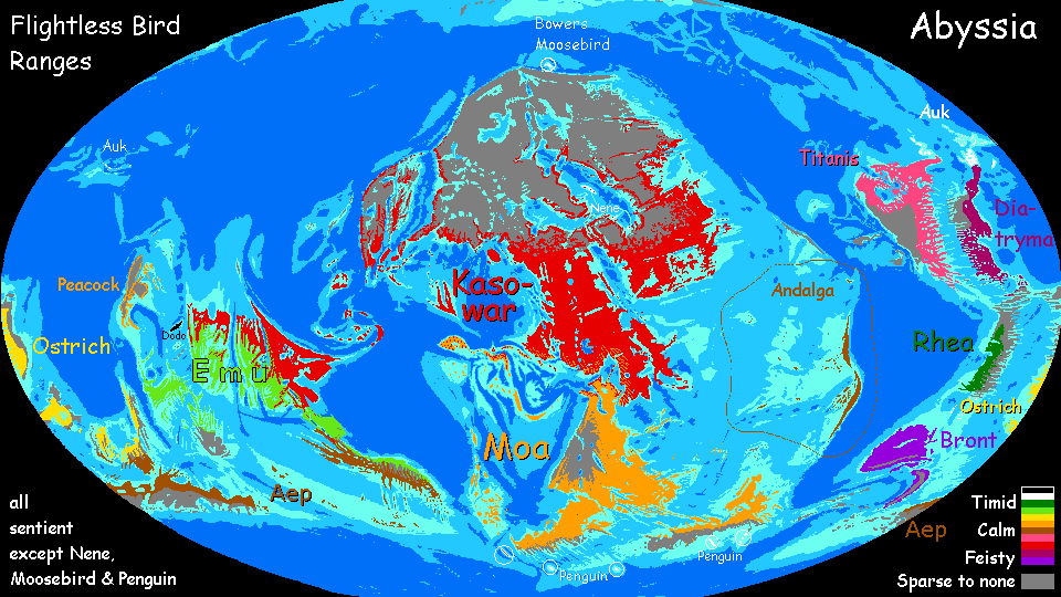 Map of the ranges of flightless, sentient avians on Abyssia, a world-building experiment. Click a feature to go there.