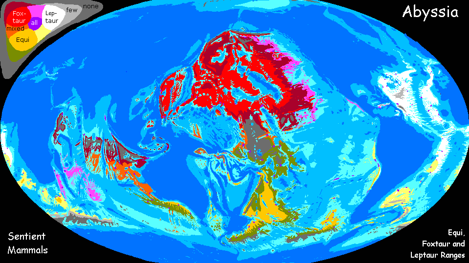 Map of the ranges of sentient mammals on Abyssia, a world-building experiment. Click a feature to go there.