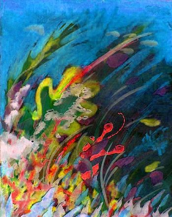 Colorful coral reef on Abyssia; watercolor sketch by Wayan. Click to enlarge.
