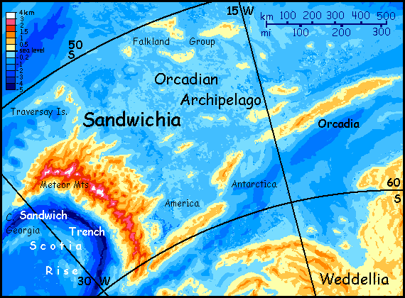 An altitude map of Sandwichia and the Orcadian Isles, in the equivalent of our South Atlantic, on Abyssia, an alternate Earth in which up is down and down is up.