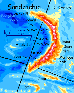 Map of Sandwichia, a mountainous arcuate island in the Scotia Archipelago on Abyssia.