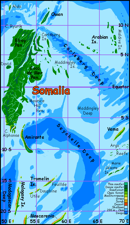 Map of Somalia and surrounding islands, on Abyssia, an alternate Earth whose relief has been inverted: heights are depths and vice versa.