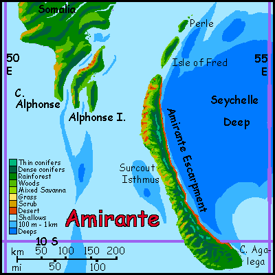 Map of Amirante, an island south of Somalia on Abyssia, an alternate Earth whose relief has been inverted: heights are depths and vice versa.
