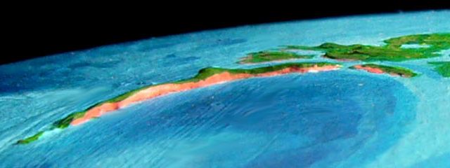 Low orbital photo of the Isle of Amirante off Somalia, on Abyssia, an alternate Earth whose relief has been inverted: heights are depths and vice versa.
