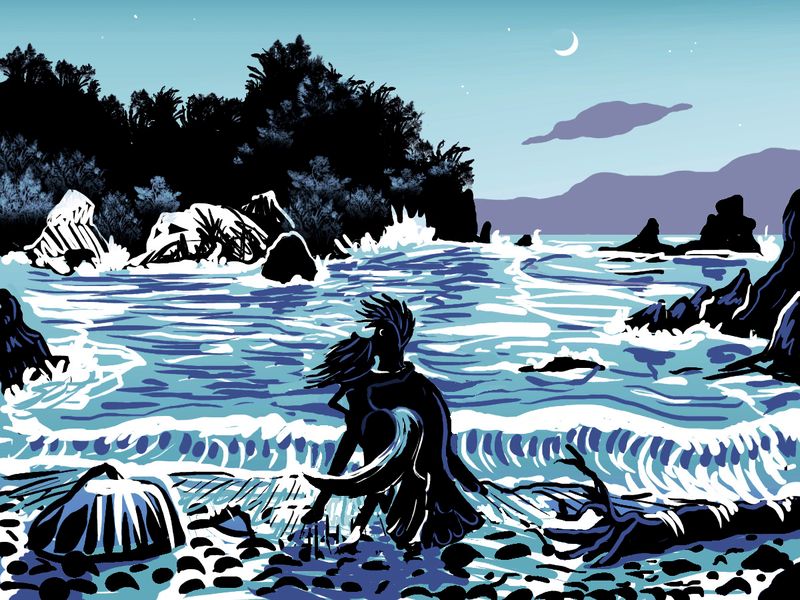 Centauroid and huge flightless bird embrace at dusk on a beach on Somalia, a rainforested island on Abyssia, an alternate Earth whose relief has been inverted: heights are depths and vice versa. Digital sketch by Wayan after a print by Tom Killion, 'Whalers Cove, Pt Lobos'. Click to enlarge.