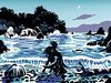 Lovers at moonrise, Somalian beach on Abyssia. Sketch by Chris Wayan based on a print by Tom Killion. Click to enlarge.