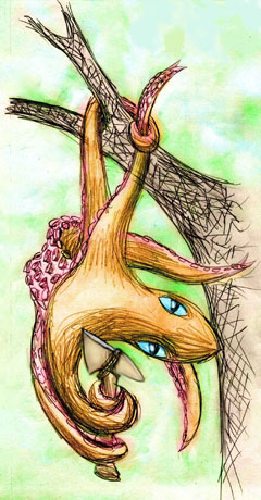 Blue-eyed tree-squid holding a stone ax. Sketch by Wayan. Click to enlarge.