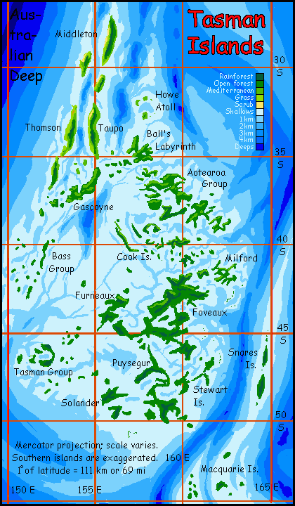 Map of the Tasman Islands, a labyrinthine archipelago in the Australian Ocean on Abyssia, an alternate Earth in which up is down and down is up.
