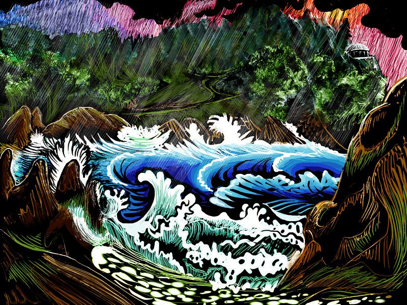 Storm on south Tasmanian coast, on Abyssia. Digital sketch by Wayan after Tom Killion's woodblock print 'Yankee Point'. Click to enlarge.