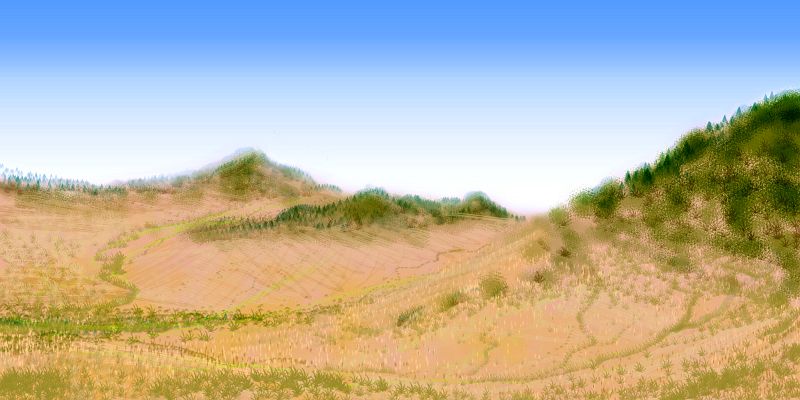 Sketch of Mediterranean hills on Tristania, a small continent on Abyssia, an alternate Earth whose relief has been inverted: heights are depths and vice versa.