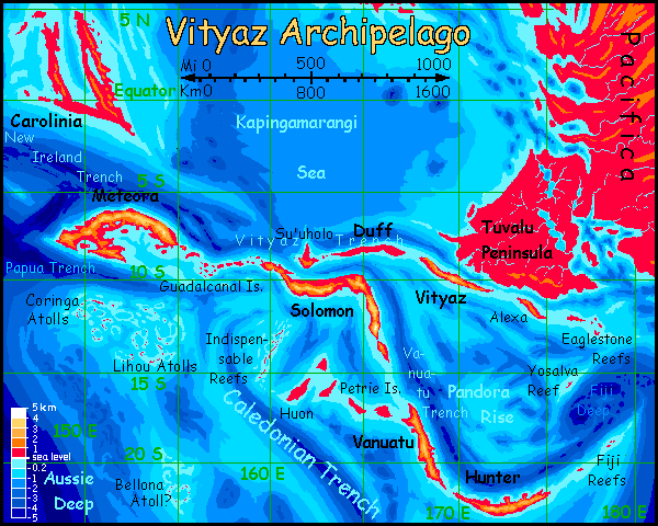 Map of the Vityaz Archipelago southwest of Pacifica, on Abyssia, an alternate Earth where up is down and down is up.