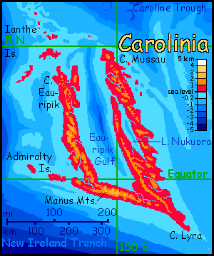 Map of Carolinia, a large equatorial island south of Filipinia on Abyssia, an alternate Earth where up is down and down is up. Carolinia is our seafloor between the eastern Caroline Is. and Papua New Guinea