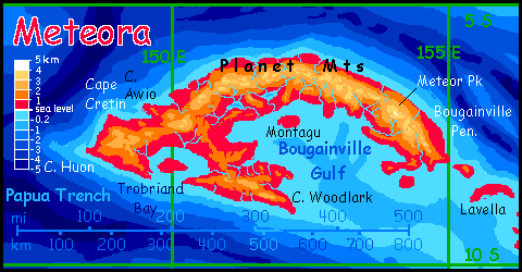 Map of Meteora, a large tropical island southwest of Pacifica on Abyssia, an alternate Earth where up is down and down is up.