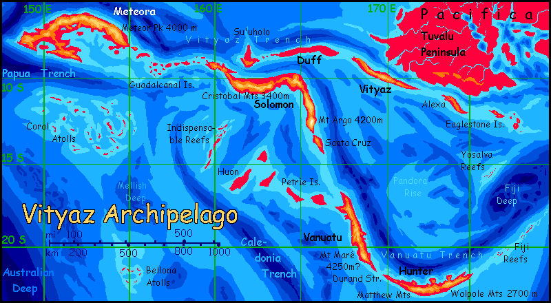 Map of the main island chains of the Vityaz Archipelago southwest of Pacifica, on Abyssia, an alternate Earth where up is down and down is up.