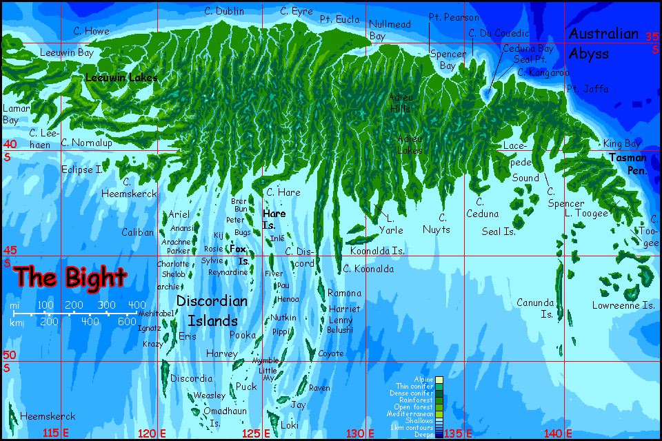 Map of The Bight Peninsula, equivalent of Earth's eastern Indian Ocean off the Australian Bight, on Abyssia, an Earth where up is down and down is up. A huge forested peninsula trailing capes and islands to the south like a jellyfish trailing tentacles.