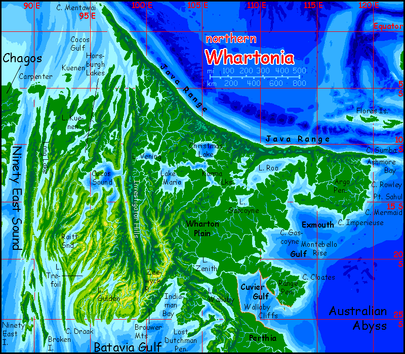 Map of northern Whartonia, equivalent of Earth's eastern Indian Ocean off Australia, on Abyssia, an Earth where up is down and down is up. A wide rainforest with many deep lakes and a mountainous north shore.