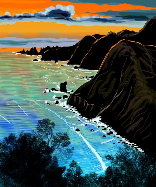 Sunset on rugged Cape Koonalda, southern Whartonia, on Abyssia. Digital sketch by Wayan based on 'Muir Beach', a print by Tom Killion. Click to enlarge.