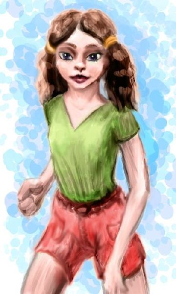Girl in green top, reddish shorts; sketch of a dream by Chris Wayan.