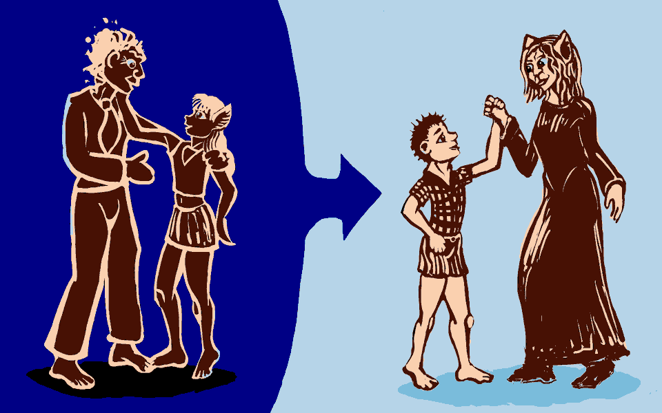 Left: old man, young girl. Right, after drinking age-potions: boy and old woman. Dream sketches by Wayan. Click to enlarge.