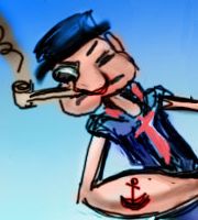 Popeye the cartoon sailor: squint, pipe, huge forearms.