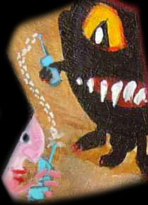 Painted caricatures of pink face phoning a huge black cannibal head, with filed teeth and yellow eyes. The path of the cellphone call is shown as little footprints in the air.
