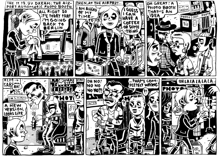 Black and white comic of a dream by Julie Doucet. At the airport, Julie tries a strange photo booth.