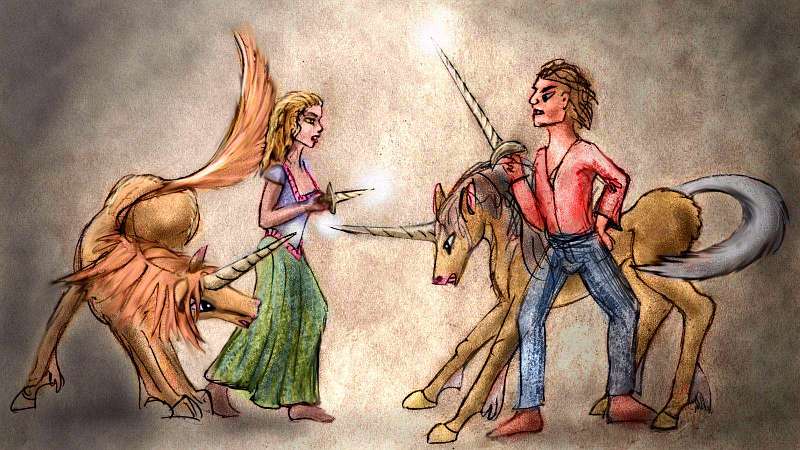 Sketch of a dream by Chris Wayan: A man and woman face off, with knife and sword. But twined around them are two unicorns also facing off with their horns. Click to enlarge.