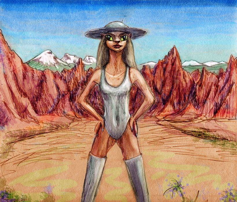 Alien woman with long neck in desert. Dream sketch by Wayan. Click to enlarge.