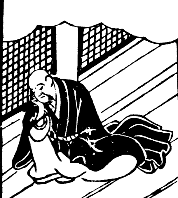 Japanese woodblock print of a man dreaming in a temple.