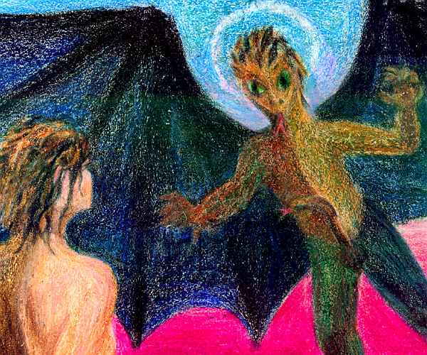 Crayon drawing of Andromeda and the dragon locking gazes.