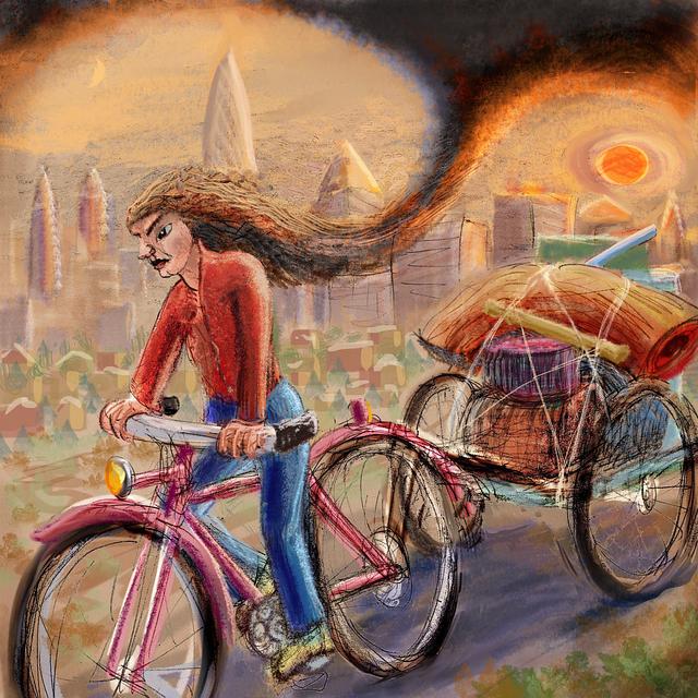 I bike-tow a heavy load through smog. Nightmare sketch by Wayan. Click to enlarge.