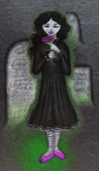 Ghostly, chalk-white girl in black frock and striped stockings stands on a green grave; headstones behind.