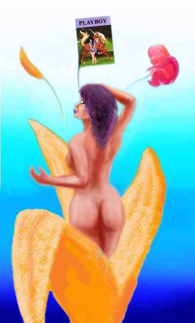 Woman unpeels from a giant banana, while fetuses and Playboy magazines float overhead
