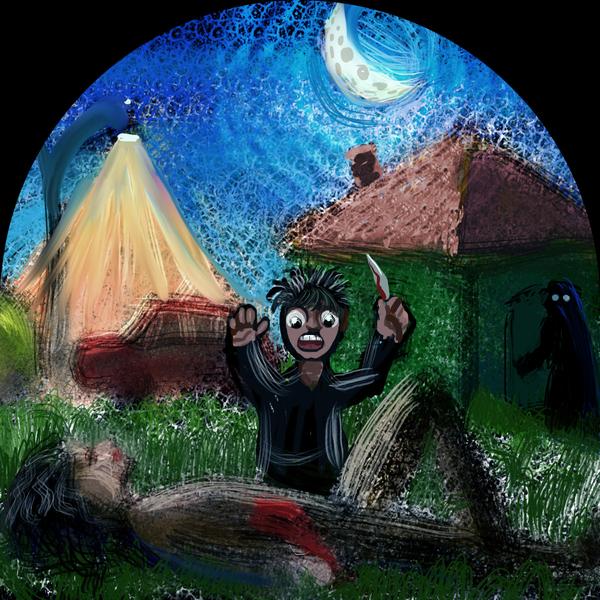 Night. A Dark Rider enters a cabin. A bloody figure--Aragorn?--lies in grass. Dream sketch by Wayan. Click to enlarge.