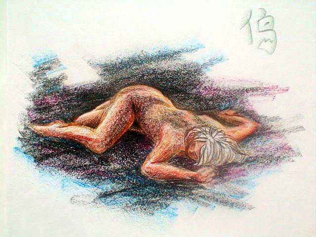Crayon drawing of a nude figure sprawled on stomach.