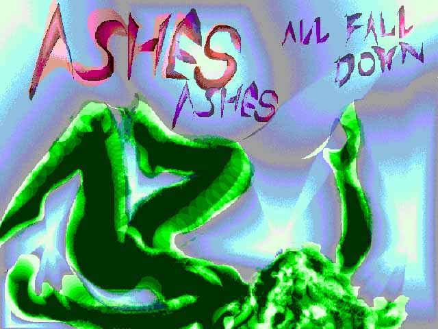 A green woman falls on her back as unseen voice chant 'ashes, ashes, all fall down'.