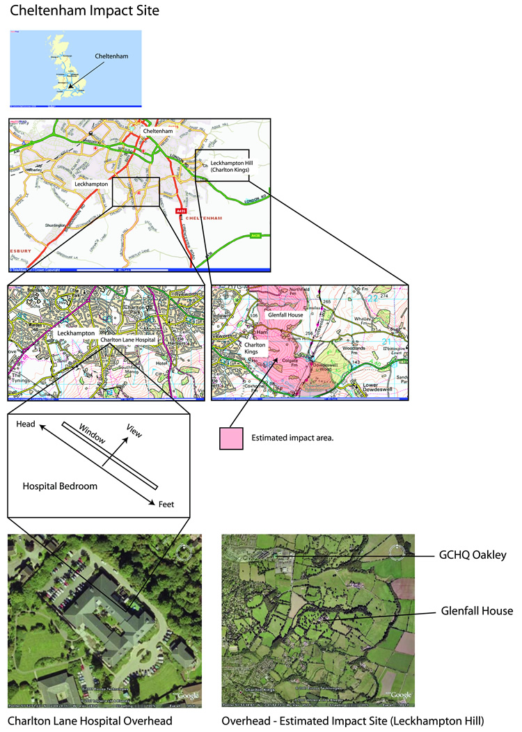 Map of Cheltenham area, England; impact site of a large meteor in Ben Bamberg's dream.