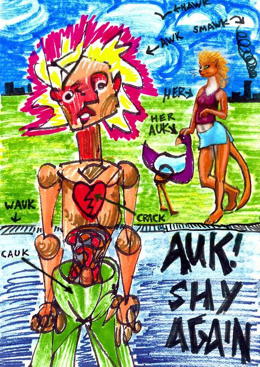 Figure in green pants with erection, no skin, broken heart, and blushing so fiercely flames halo his head. Across the street, an ottergirl in a tanktop and wrap skirt leans on a Great Auk. Words: 'Auk! Shy again.' Click to enlarge.