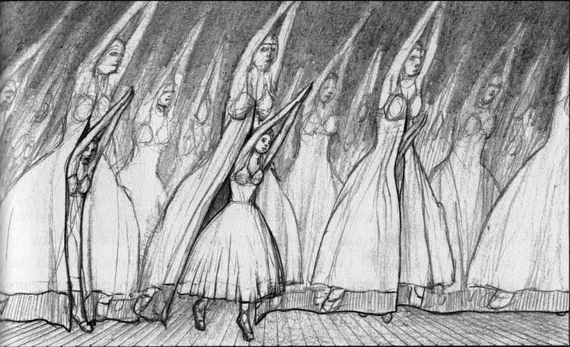 Ballerinas emerge from slitted backdrop of ballerinas posing like them. Dream sketch by Jim Shaw. Click to enlarge.