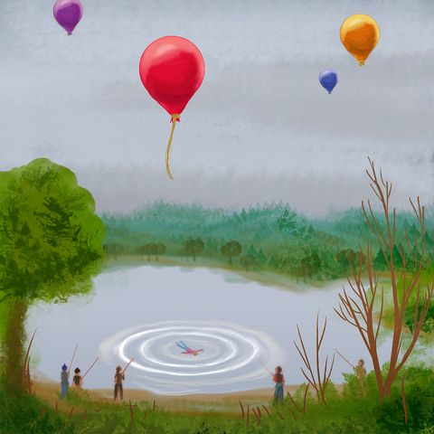 Boy drops from balloon into pond. Dream sketch by Wayan. Click to enlarge