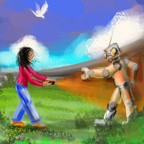 Chased by robots, I try to zap them with a remote control emitting weird orange rays. Sketch of a dream by Wayan. Click to enlarge