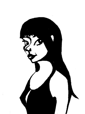 Black and white sketch of girl with black hair merging with black gown.
