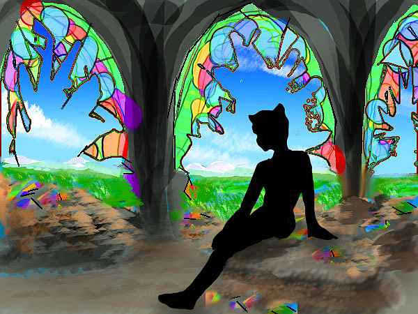 Silhouette of Catwoman sitting sadly in a ruined church.