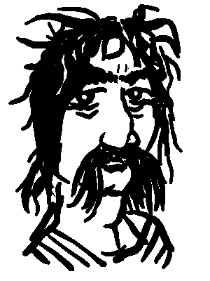 Black and white sketch of guy with droopy eyes, hook nose, scraggly hair, and moustache.