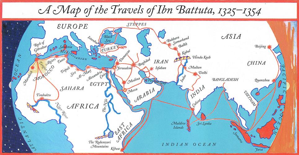 Ibn Battuta's travels; map by James Rumford.