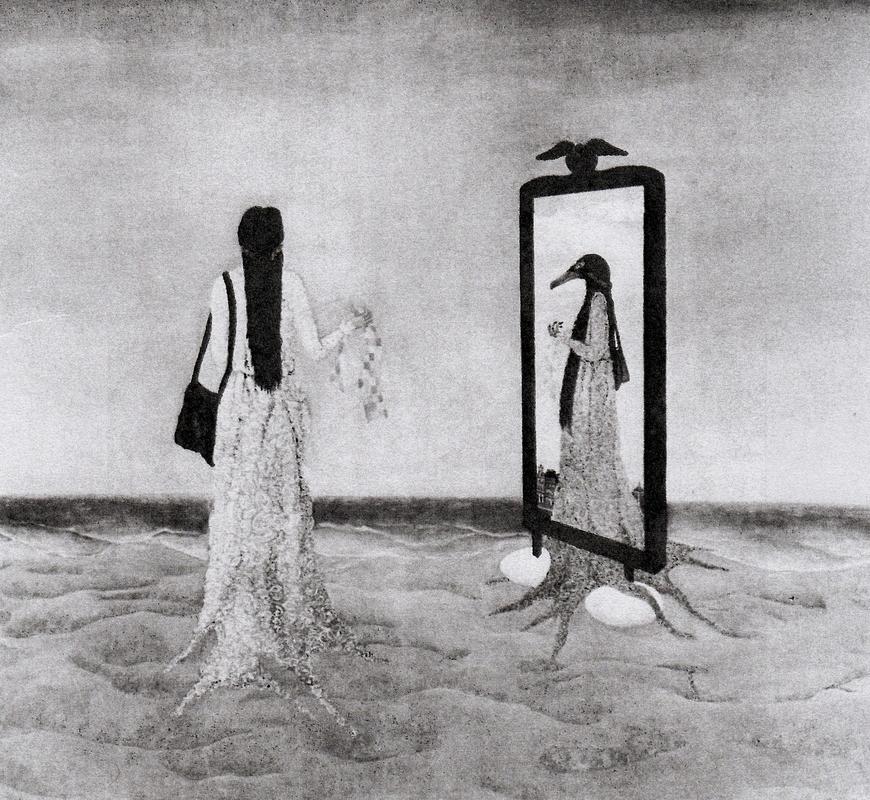 The Beach: mirror reflects bird-headed woman; dream painted by Patricia Benefield